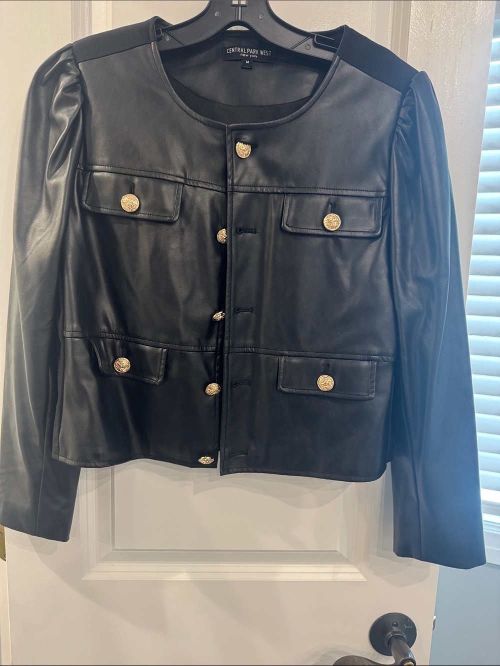 Central Park West Black Faux Leather Gold-Button Jacket With Fabric Back